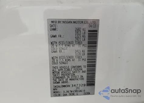 2013 Infiniti Jx35 z USA, uszkodzony, nr VIN 5N1AL0MM3DC347329